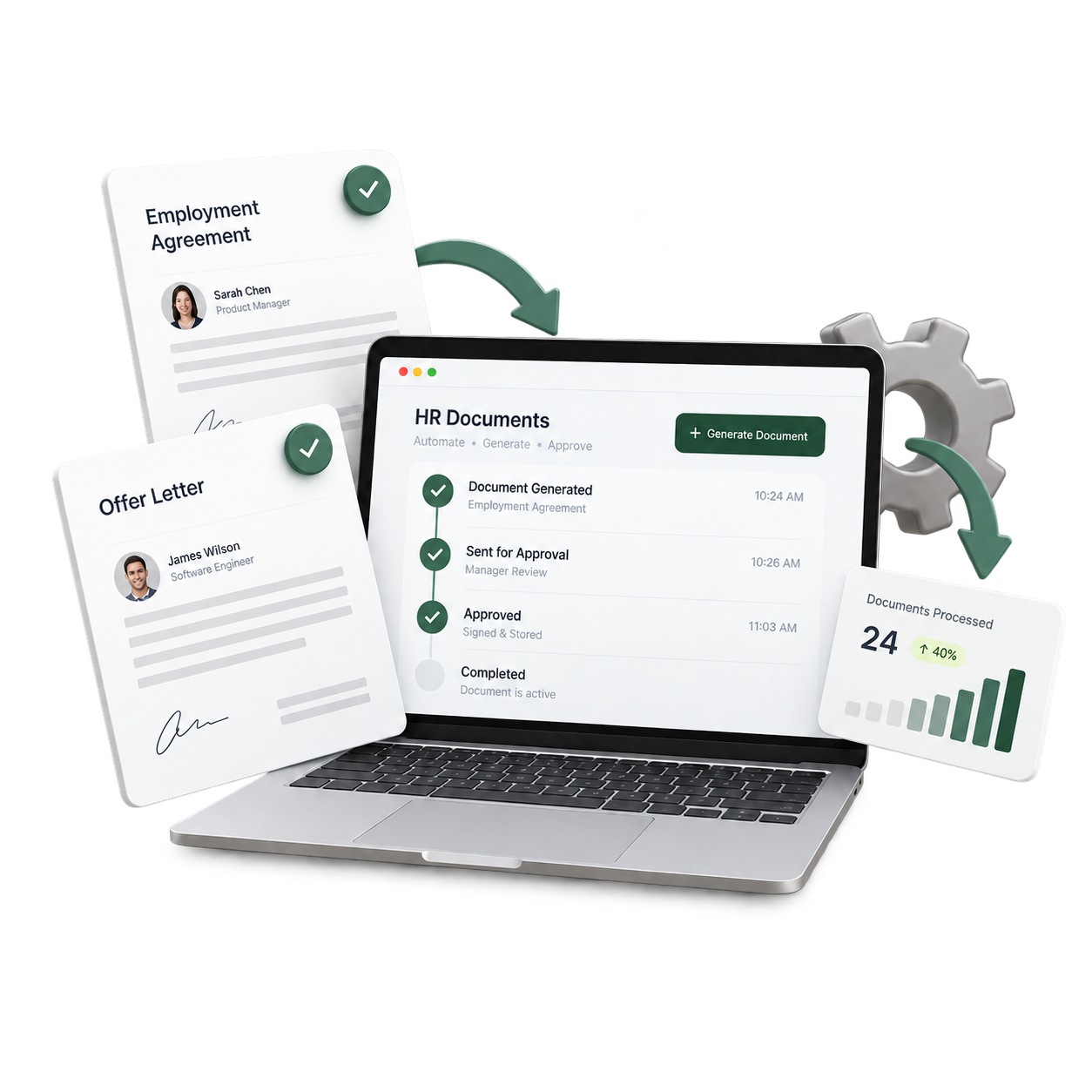 Digital HR documents and reports on a laptop workspace
